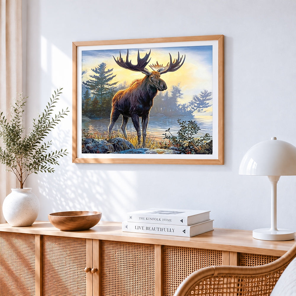 Majestic moose by a lake cross stitch artwork displayed on wall as home decor