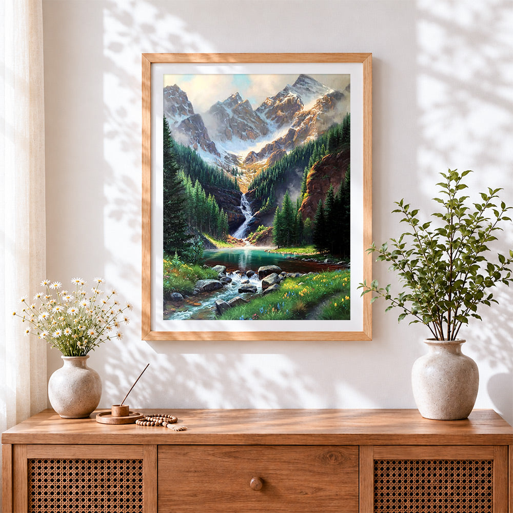 Finished majestic mountain waterfall and wildflowers cross stitch artwork displayed