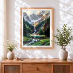 Finished majestic mountain waterfall and wildflowers cross stitch artwork displayed
