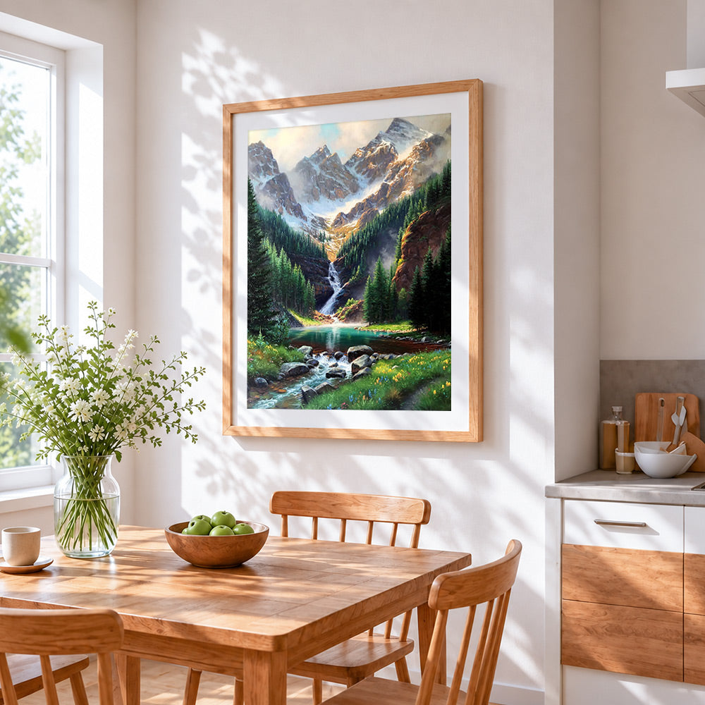 Majestic mountain waterfall and wildflowers cross stitch artwork displayed on wall as home decor