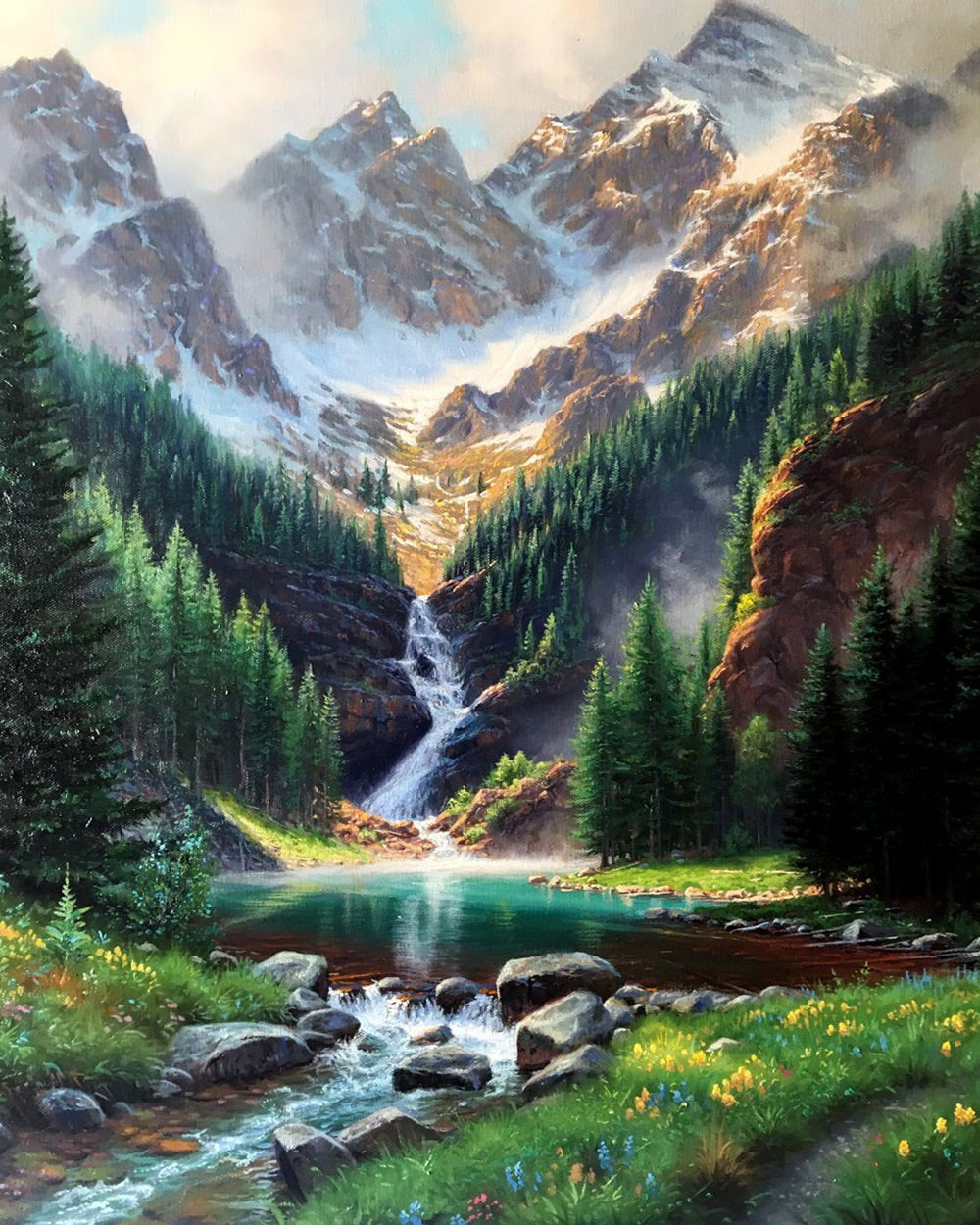 Majestic mountain waterfall and wildflowers paint by numbers kit for beginners