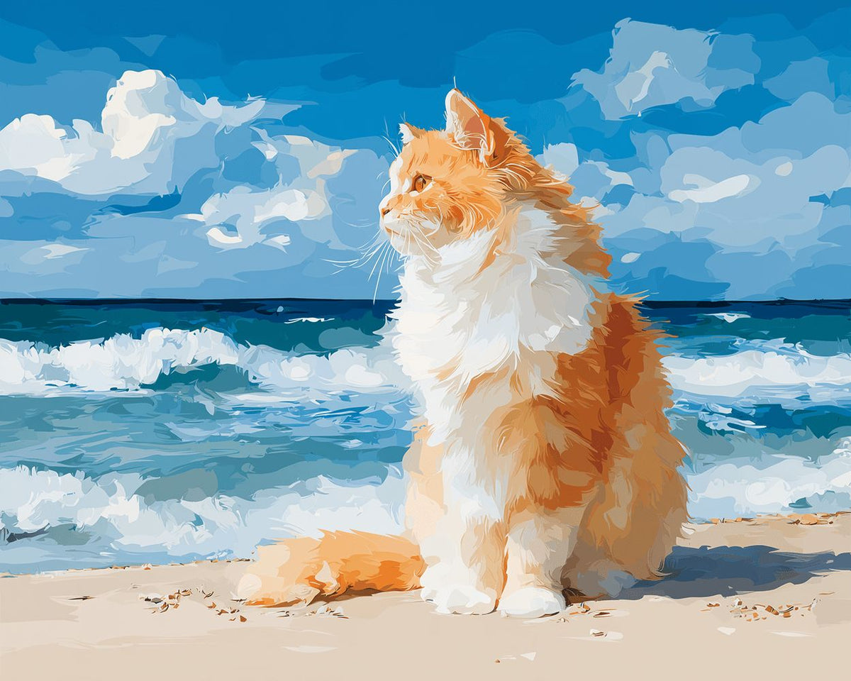 Majestic orange cat by the sea cross stitch kit for beginners