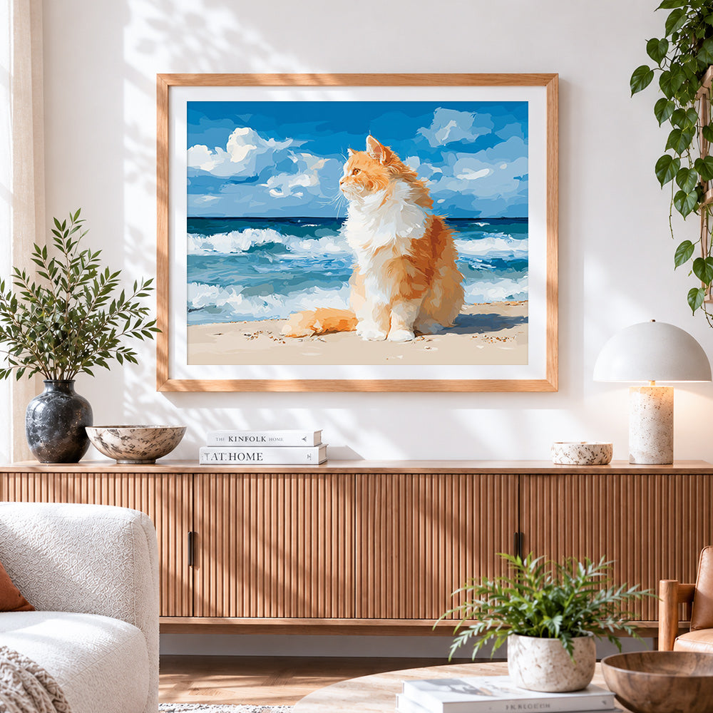 Finished majestic orange cat by the sea paint by numbers artwork displayed as home decor