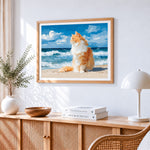 Majestic orange cat by the sea paint by numbers artwork displayed on wall as home decor