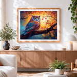 Finished majestic owl in autumn sunset cross stitch artwork displayed