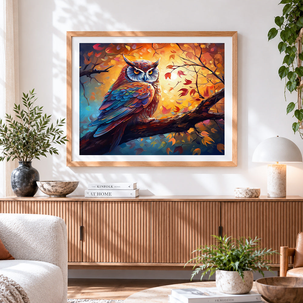 Finished majestic owl in autumn sunset paint by numbers artwork displayed as home decor