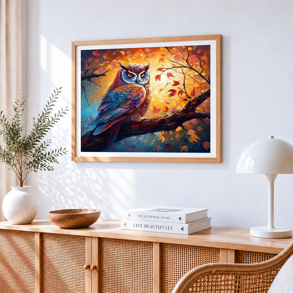 Majestic owl in autumn sunset paint by numbers artwork displayed on wall as home decor