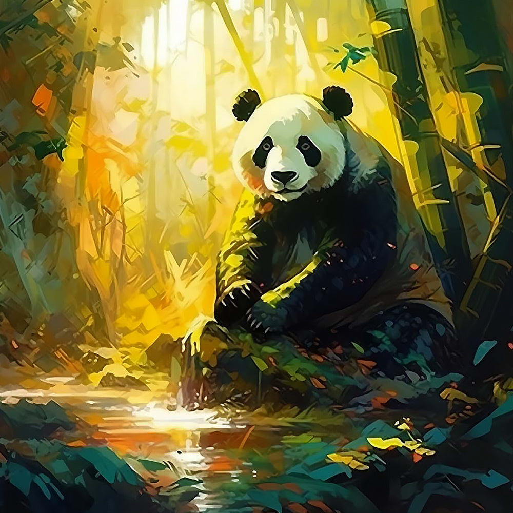 Majestic panda by a sunlit bamboo stream cross stitch kit for beginners