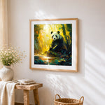 Majestic panda by a sunlit bamboo stream cross stitch artwork displayed on wall as home decor