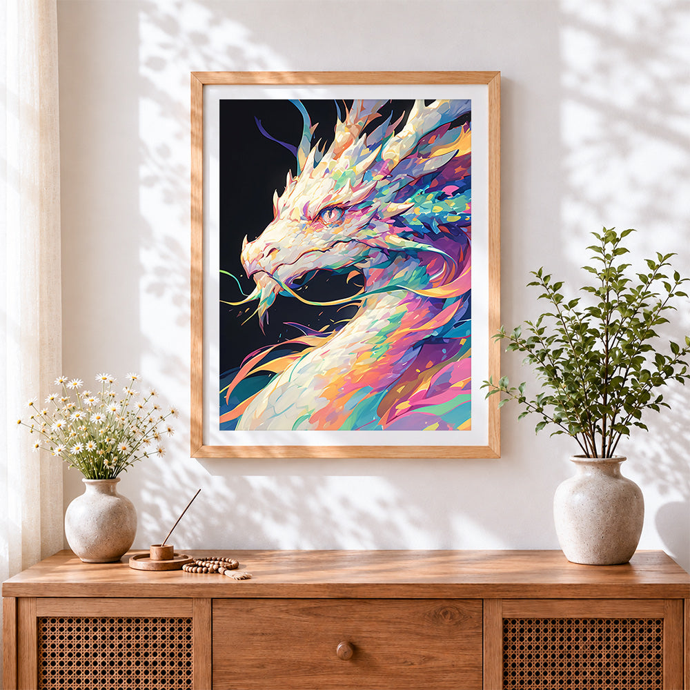 Finished majestic pastel dragon cross stitch artwork displayed