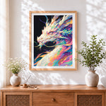 Finished majestic pastel dragon cross stitch artwork displayed