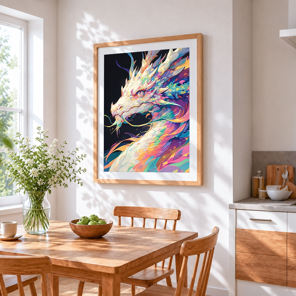 Majestic pastel dragon cross stitch artwork displayed on wall as home decor