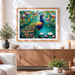 Finished majestic peacock by a lotus pond cross stitch artwork displayed