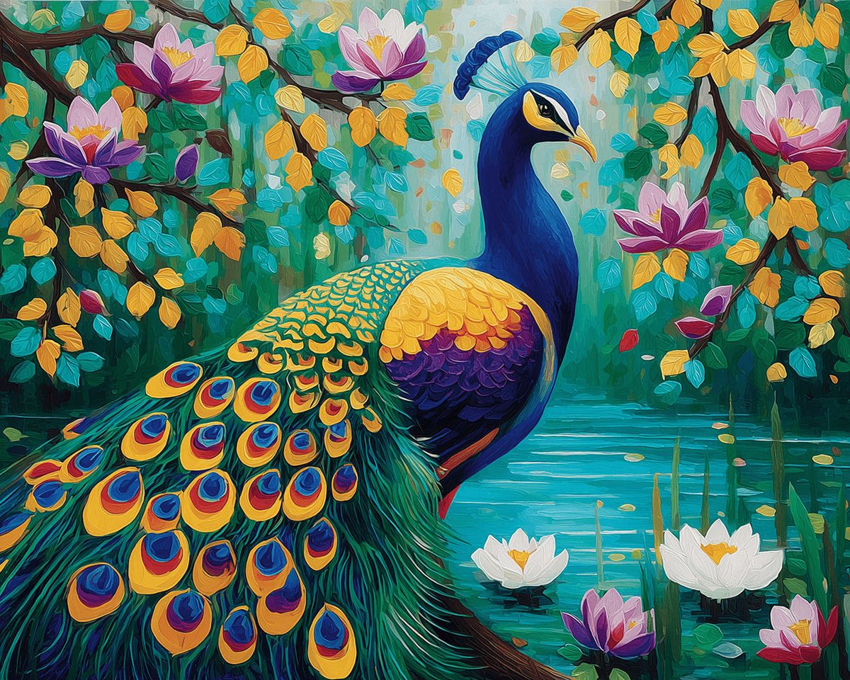 Majestic peacock by a lotus pond cross stitch kit for beginners
