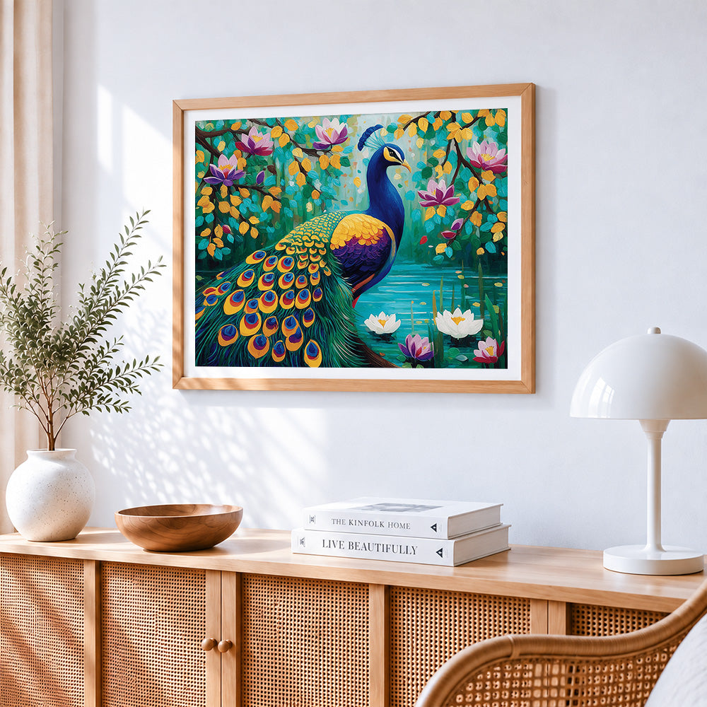 Majestic peacock by a lotus pond cross stitch artwork displayed on wall as home decor