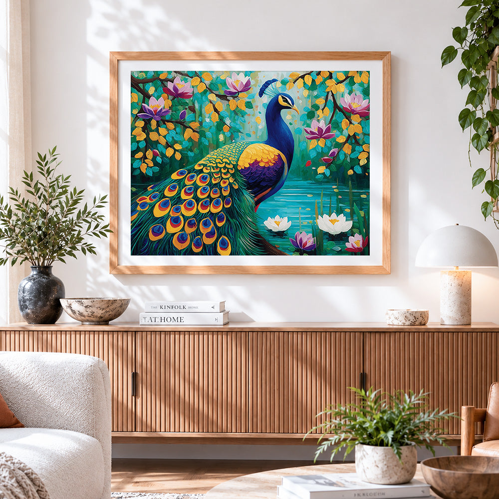 Finished majestic peacock by a lotus pond paint by numbers artwork displayed as home decor