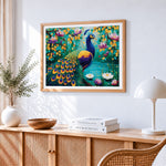 Majestic peacock by a lotus pond paint by numbers artwork displayed on wall as home decor