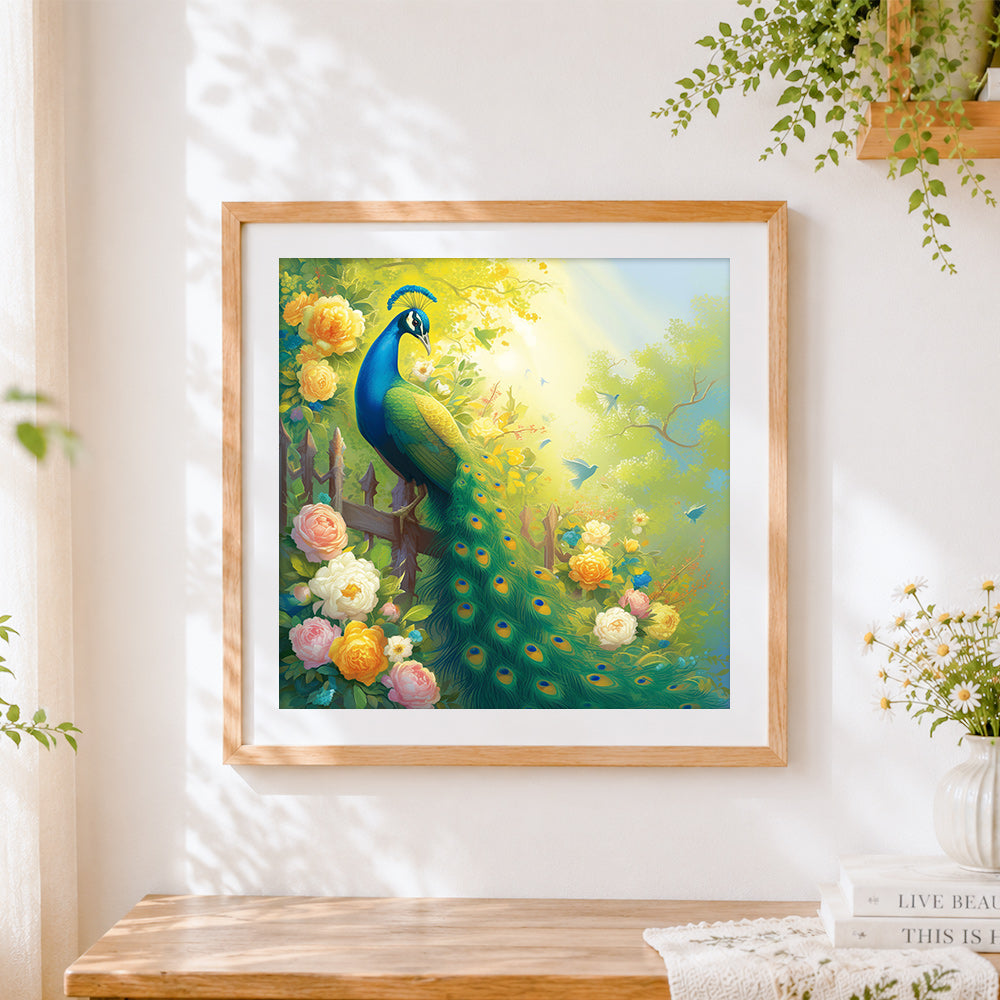 Finished majestic peacock in a peony garden cross stitch artwork displayed
