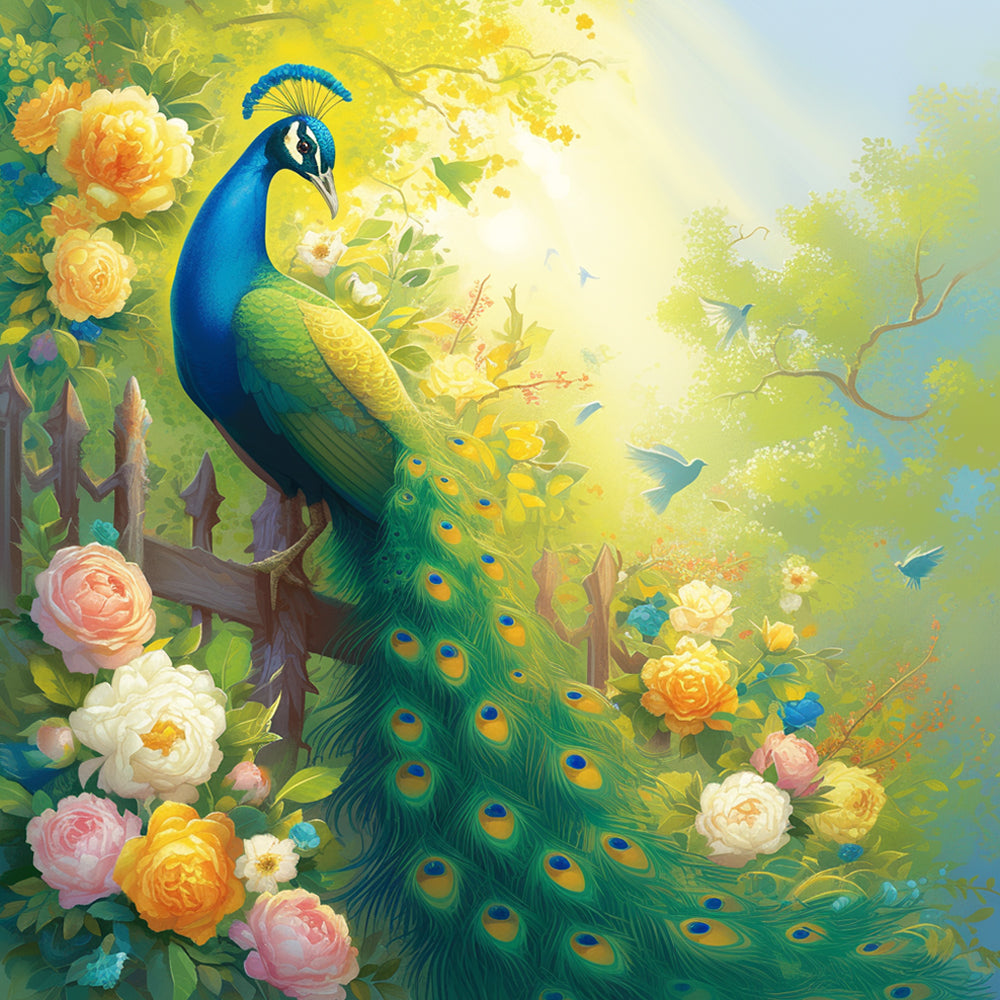 Majestic peacock in a peony garden cross stitch kit for beginners