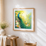 Majestic peacock in a peony garden cross stitch artwork displayed on wall as home decor