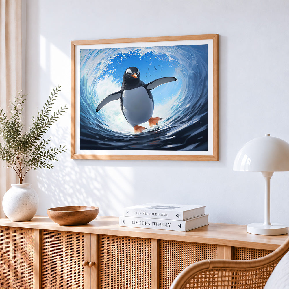Majestic penguin swimming in a wave cross stitch artwork displayed on wall as home decor