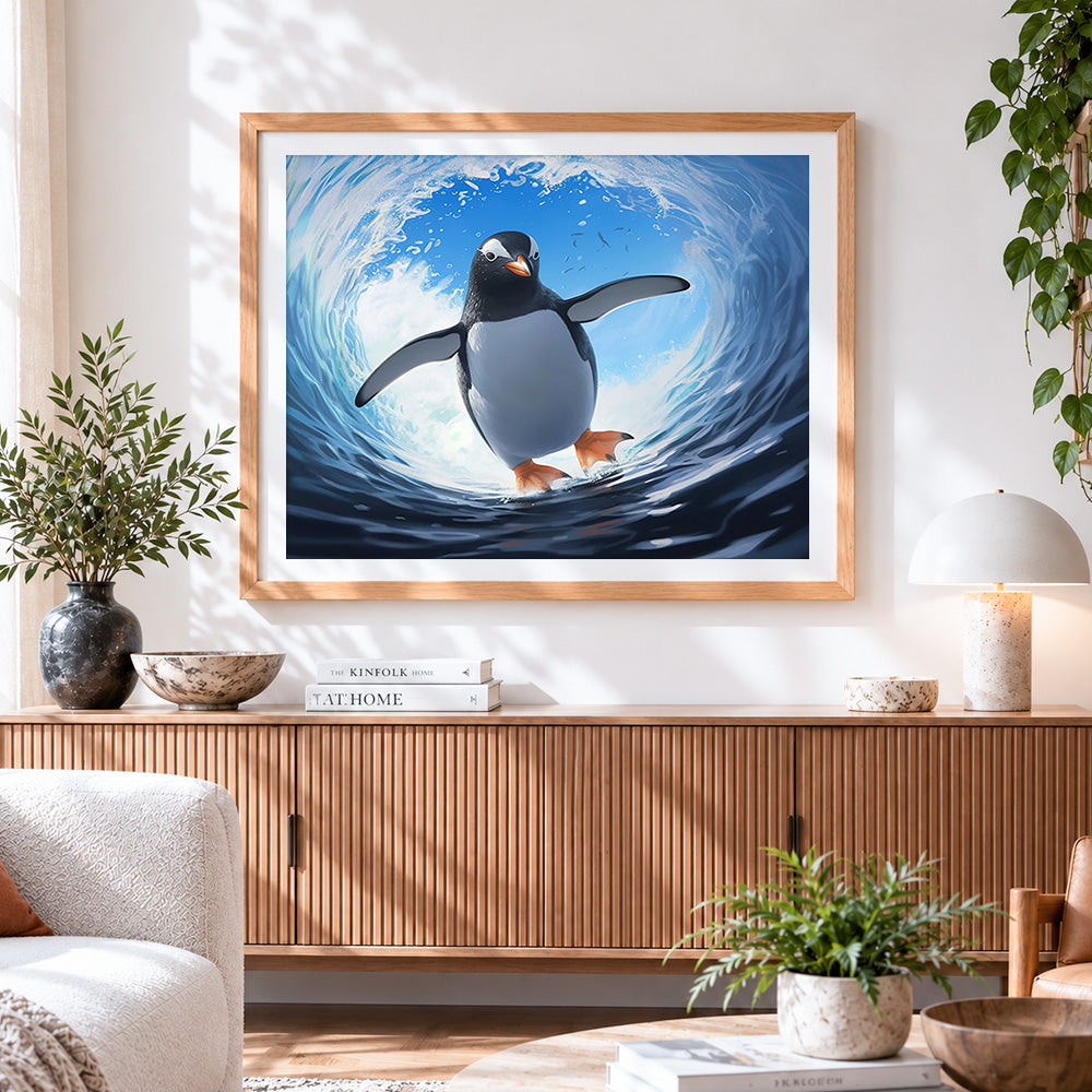 Finished majestic penguin swimming in a wave paint by numbers artwork displayed as home decor