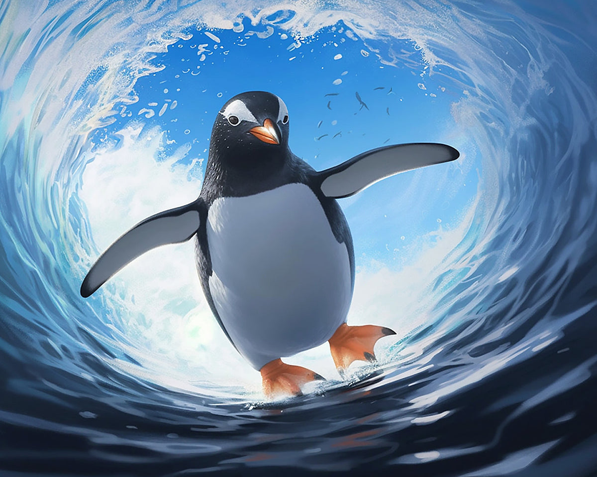 Majestic penguin swimming in a wave paint by numbers kit for beginners