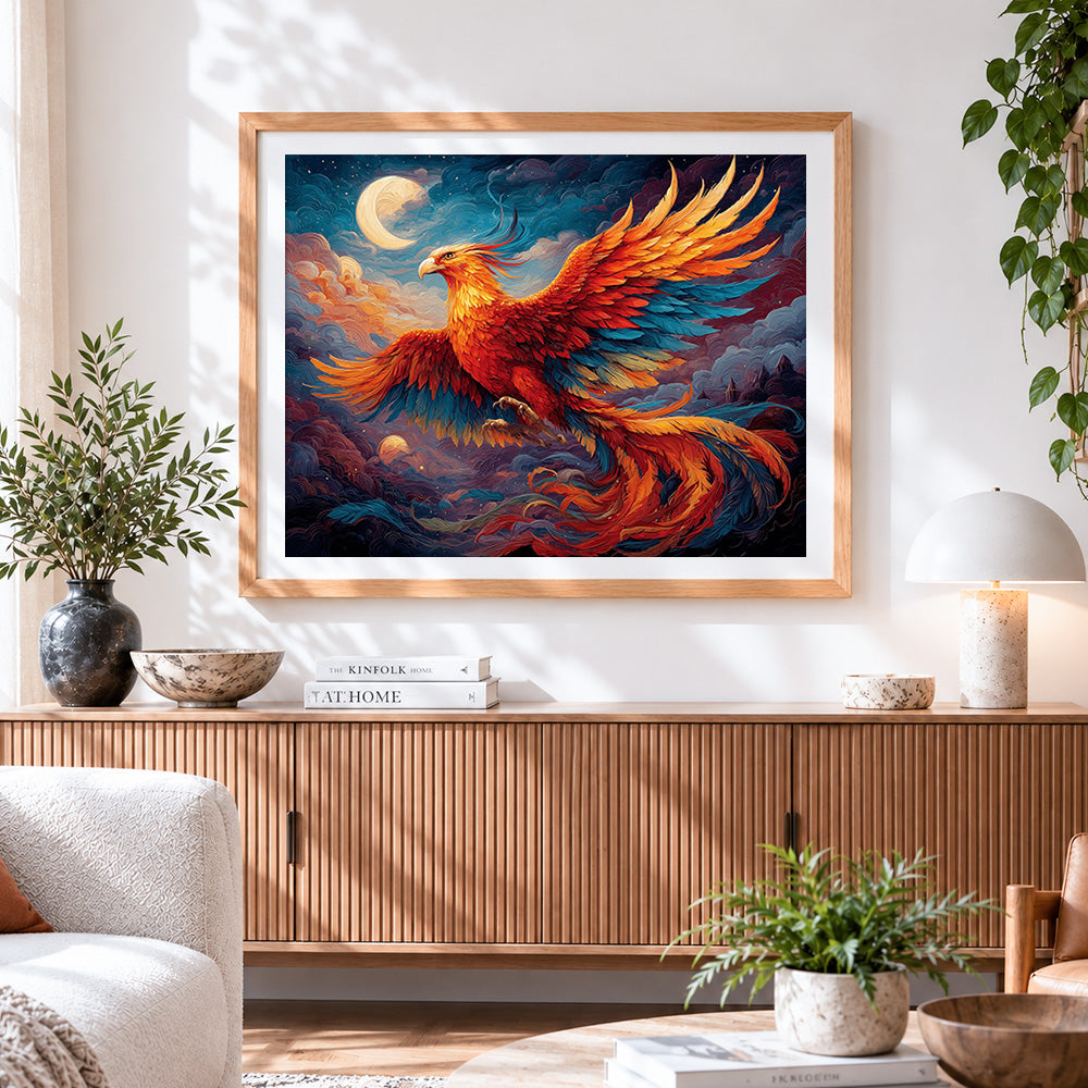 Finished majestic phoenix flying under the moon cross stitch artwork displayed