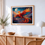 Majestic phoenix flying under the moon cross stitch artwork displayed on wall as home decor