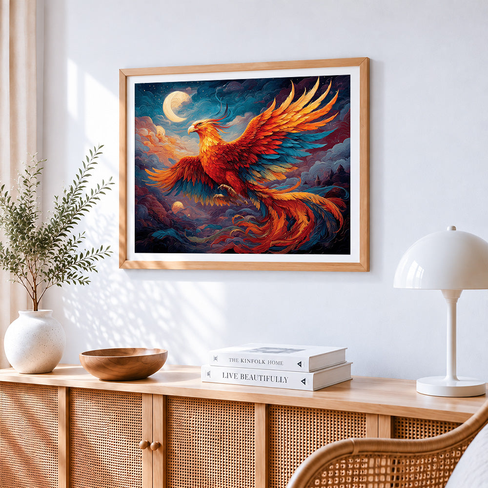 Majestic phoenix flying under the moon cross stitch artwork displayed on wall as home decor