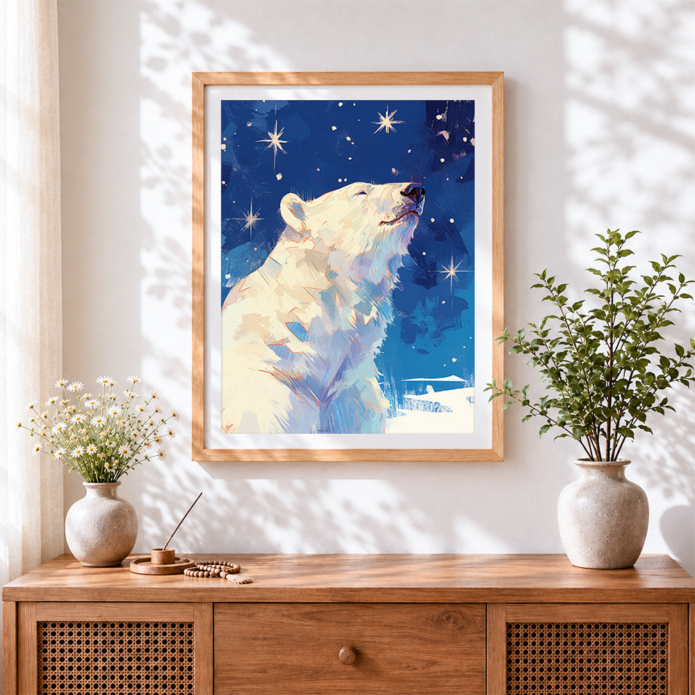 Finished majestic polar bear under the stars cross stitch artwork displayed