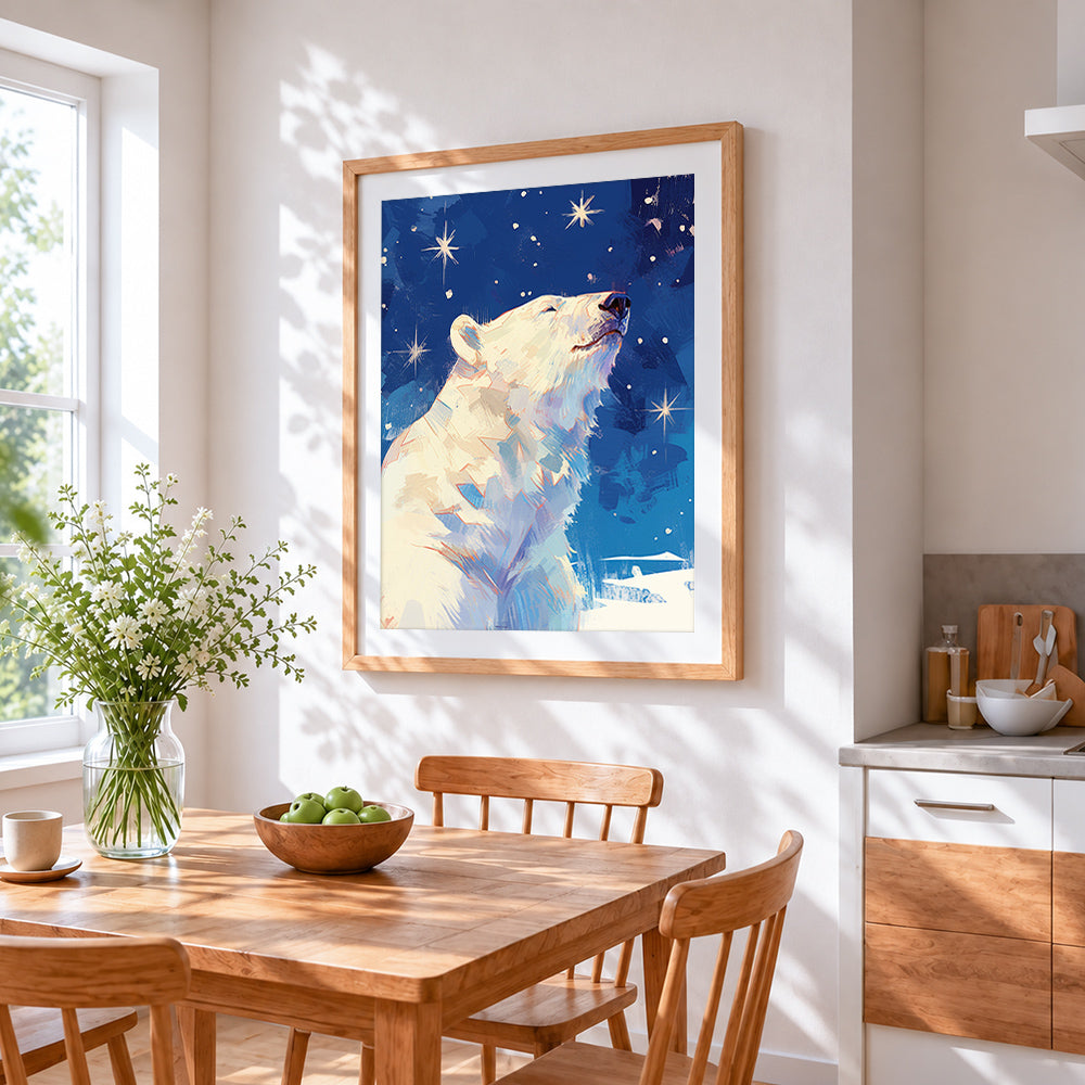 Majestic polar bear under the stars cross stitch artwork displayed on wall as home decor