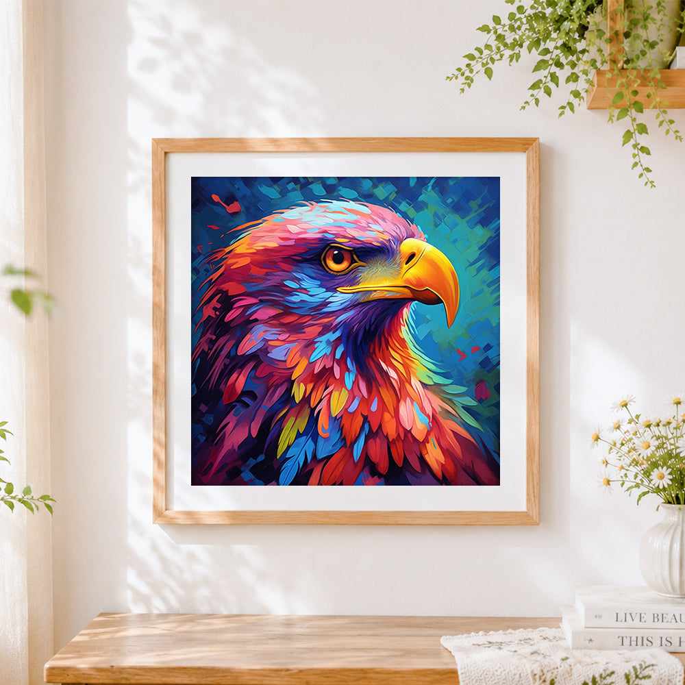 Finished majestic rainbow eagle cross stitch artwork displayed