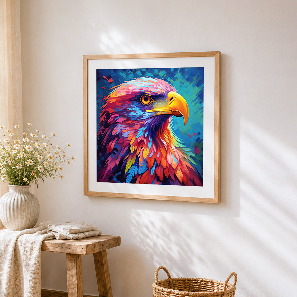 Majestic rainbow eagle cross stitch artwork displayed on wall as home decor