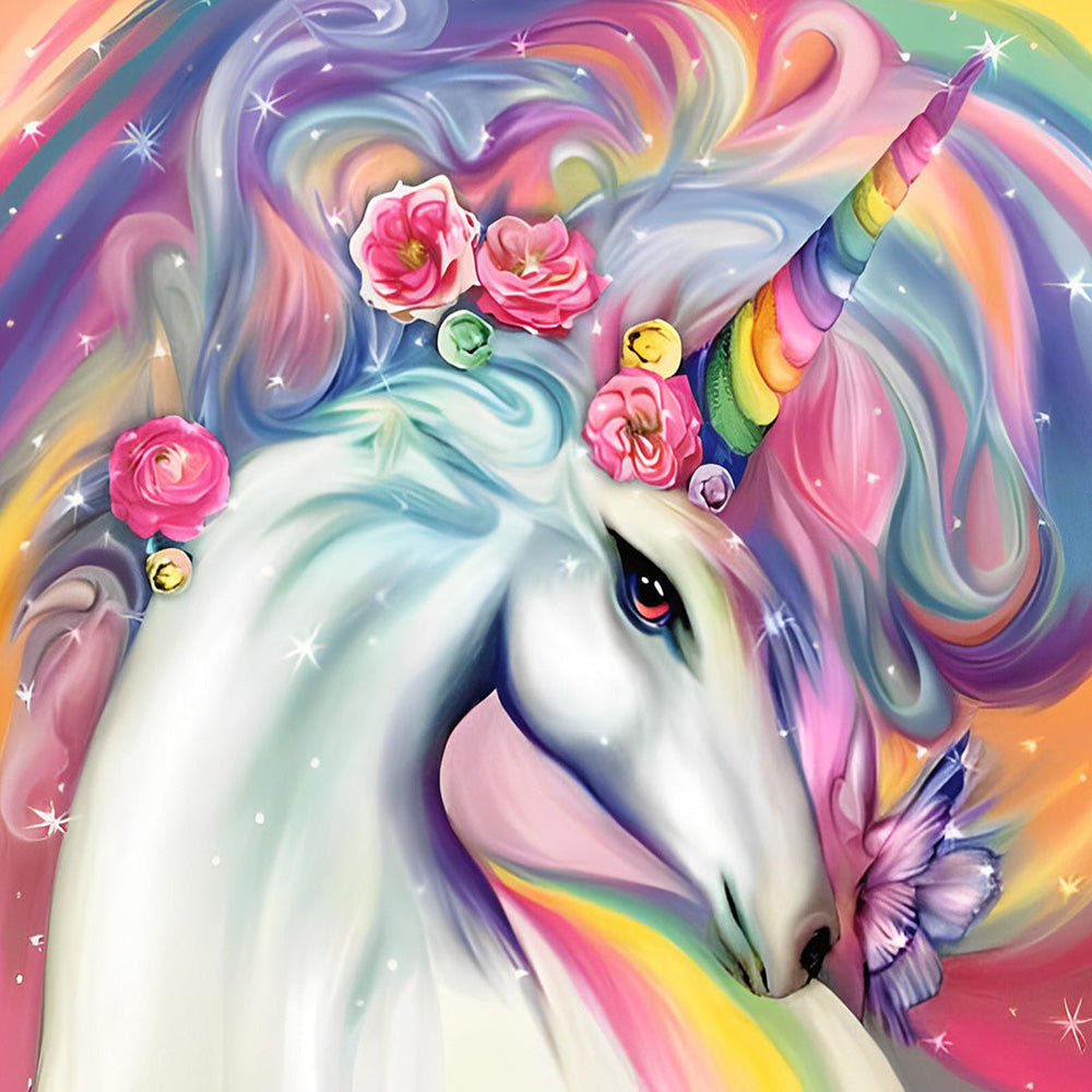 Majestic rainbow unicorn with roses cross stitch kit for beginners