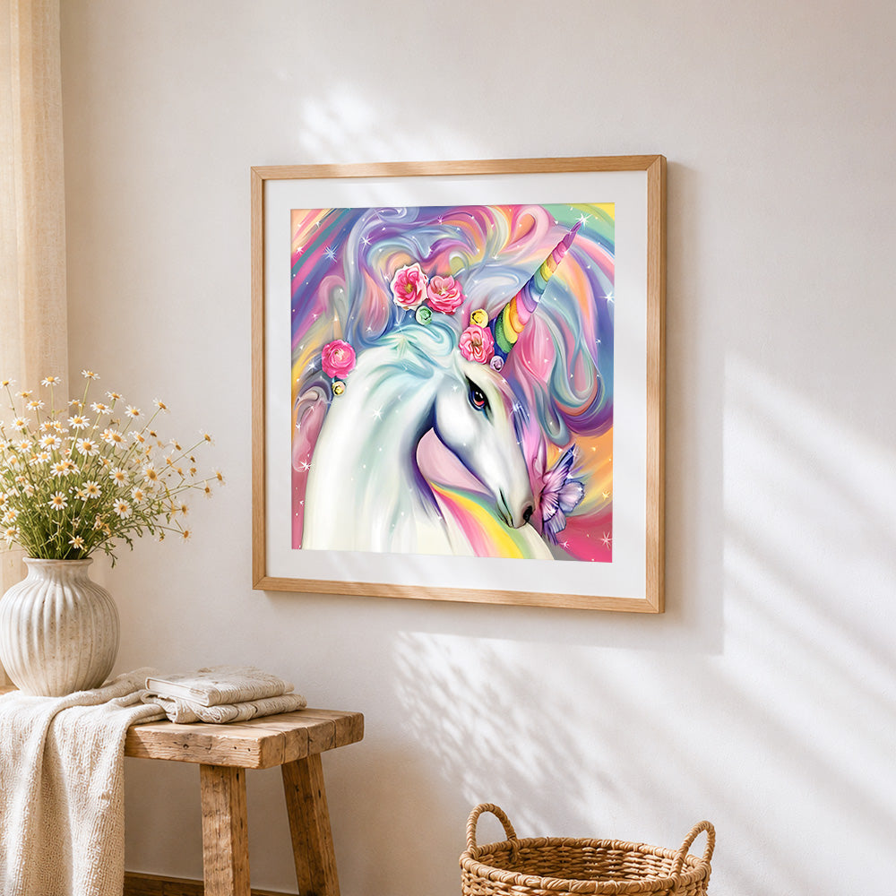 Majestic rainbow unicorn with roses cross stitch artwork displayed on wall as home decor