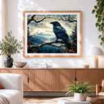 Finished majestic raven in a mountain landscape cross stitch artwork displayed
