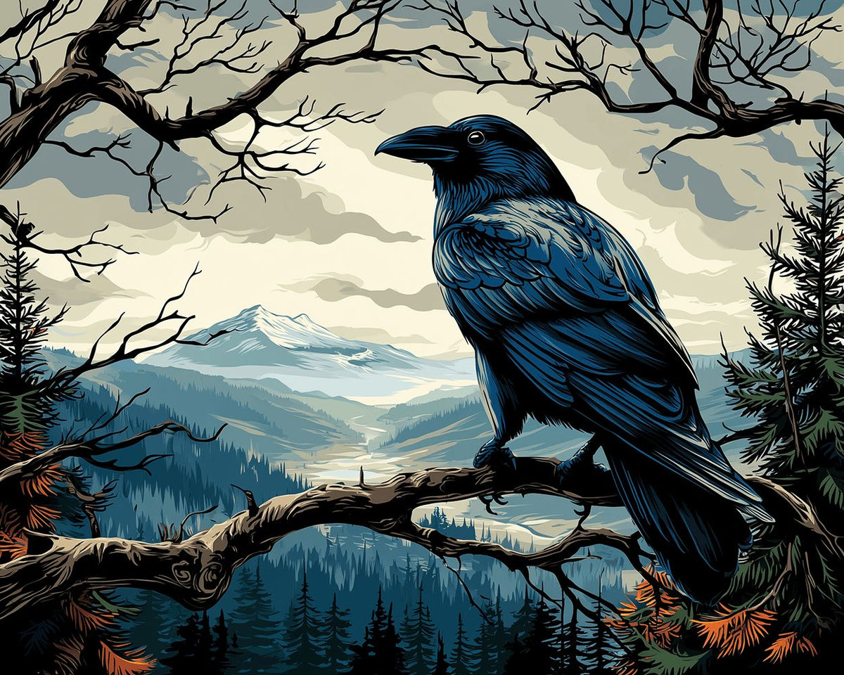 Majestic raven in a mountain landscape cross stitch kit for beginners
