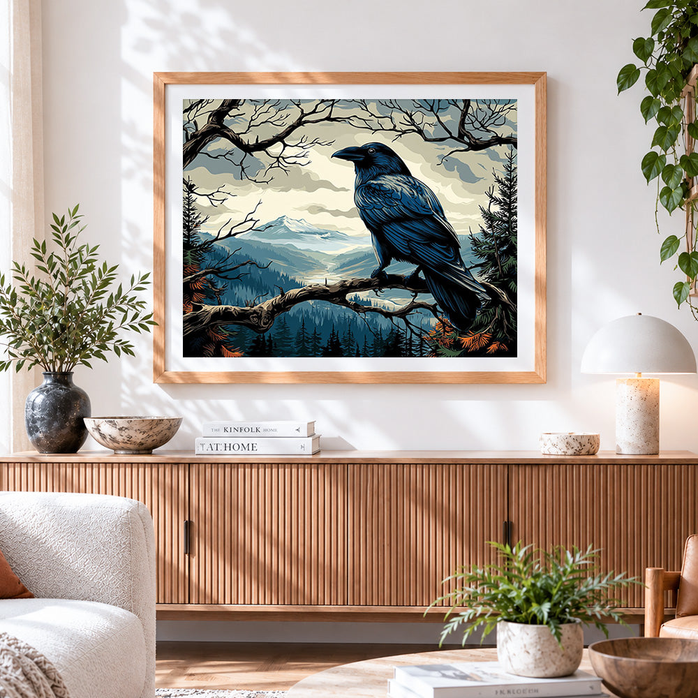 Finished majestic raven in a mountain landscape paint by numbers artwork displayed as home decor