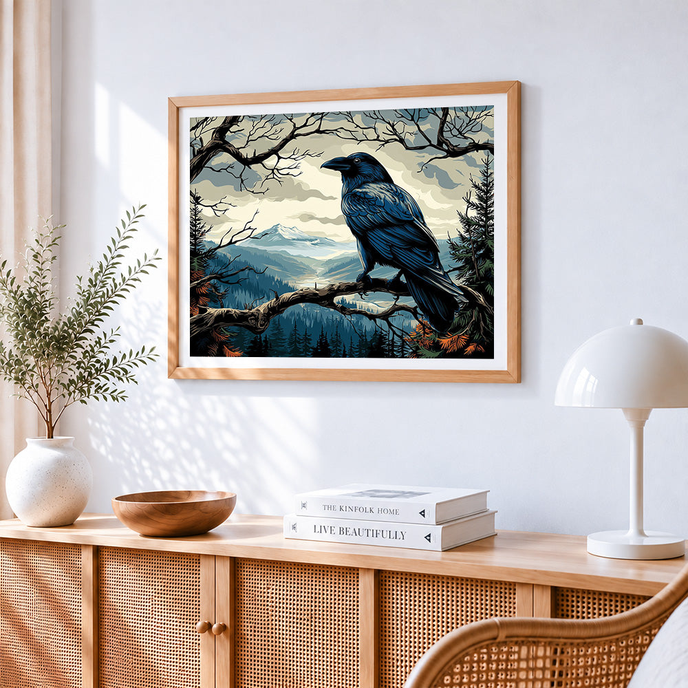 Majestic raven in a mountain landscape paint by numbers artwork displayed on wall as home decor