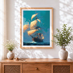 Finished majestic sailing ship at sea cross stitch artwork displayed