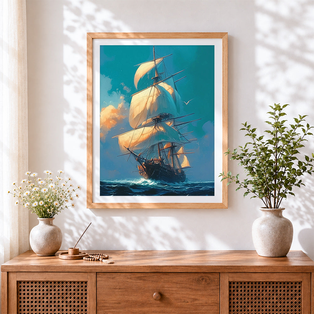 Finished majestic sailing ship at sea cross stitch artwork displayed