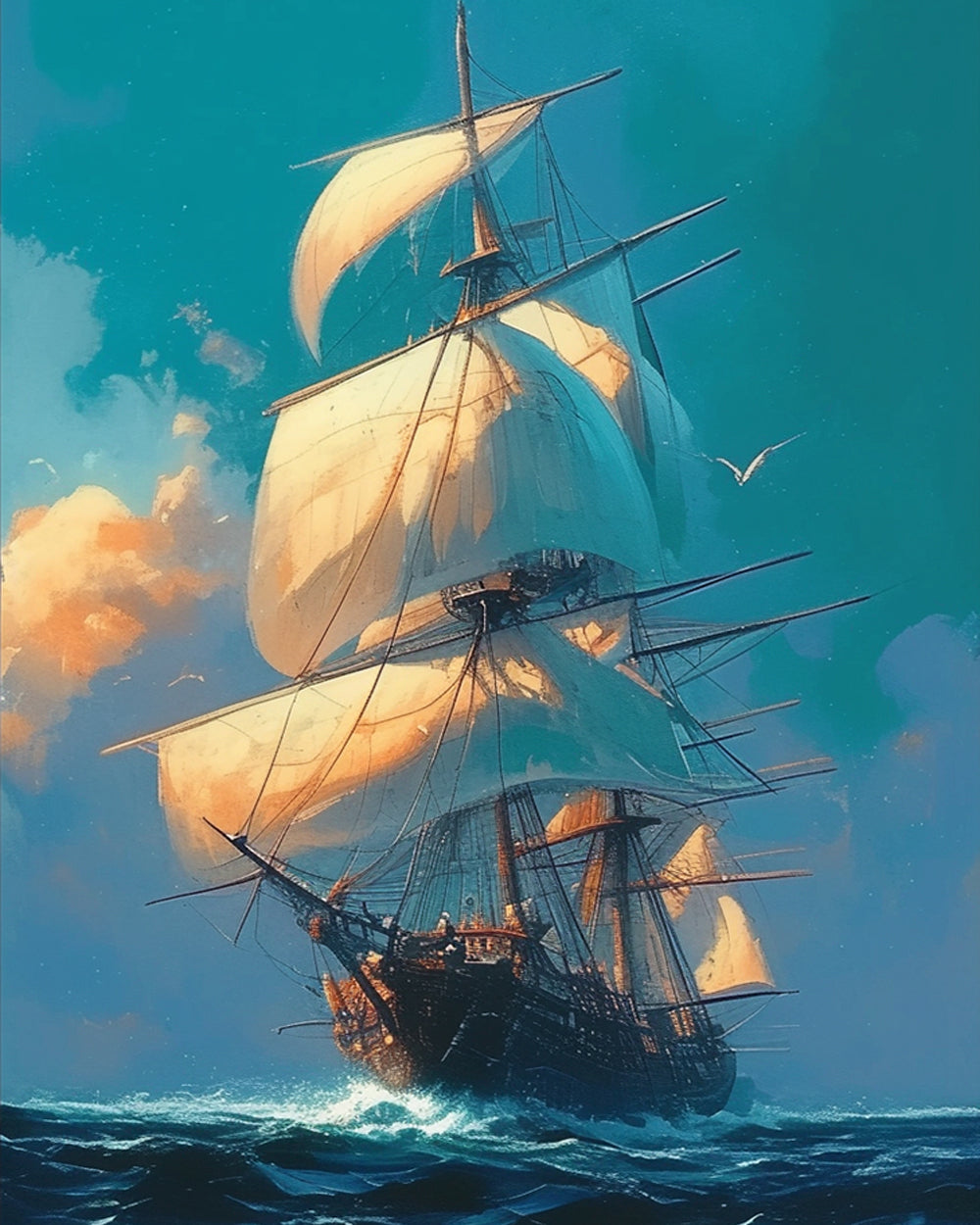 Majestic sailing ship at sea cross stitch kit for beginners