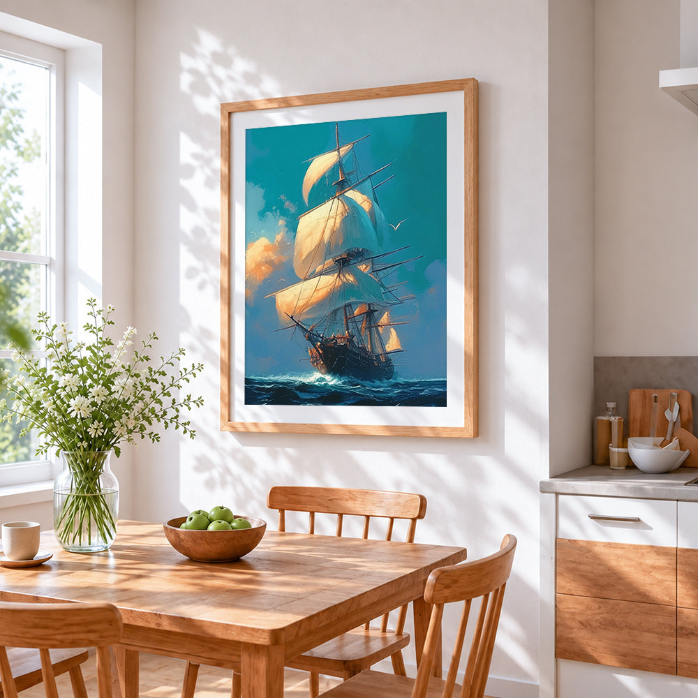 Majestic sailing ship at sea cross stitch artwork displayed on wall as home decor