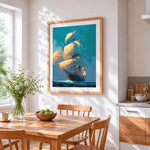 Majestic sailing ship at sea cross stitch artwork displayed on wall as home decor