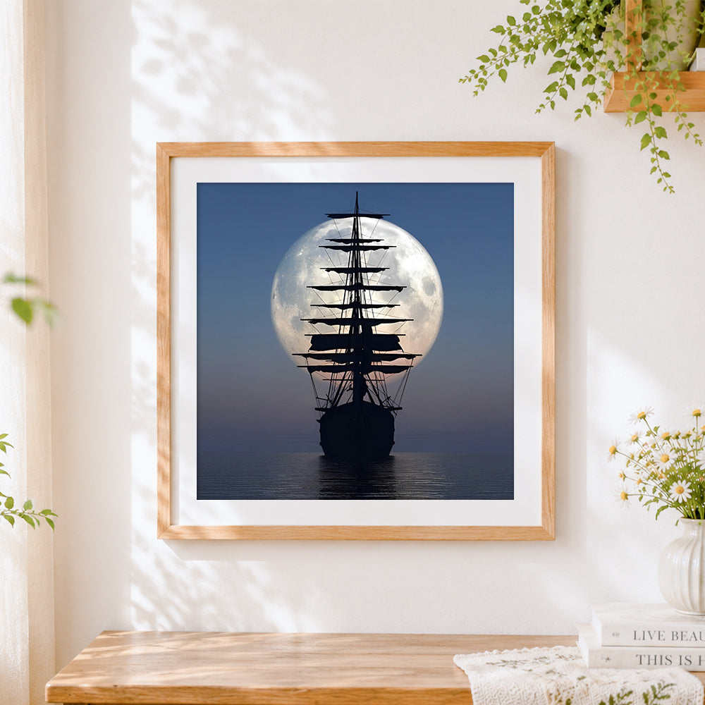 Finished majestic sailing ship silhouette under a full moon paint by numbers artwork displayed as home decor