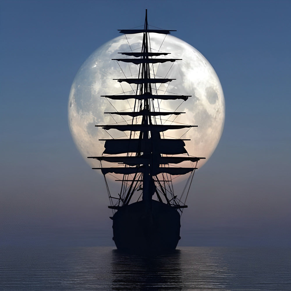 Majestic sailing ship silhouette under a full moon paint by numbers kit for beginners