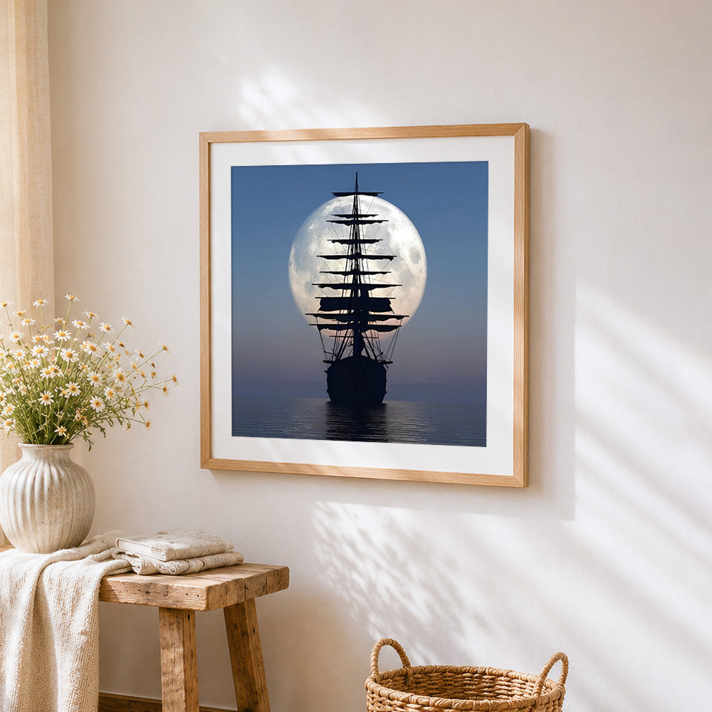 Majestic sailing ship silhouette under a full moon paint by numbers artwork displayed on wall as home decor