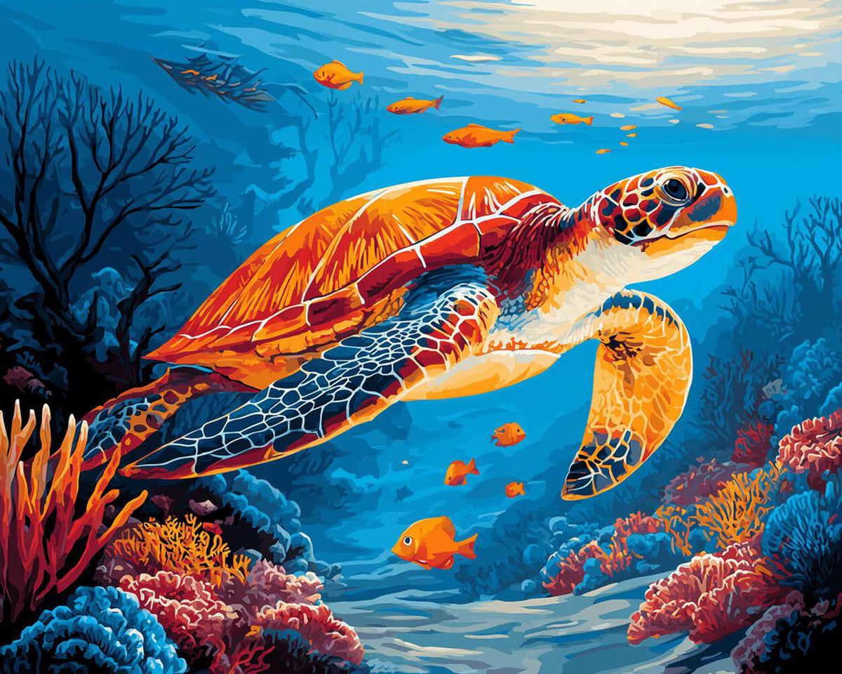 Majestic sea turtle in the deep blue ocean cross stitch kit for beginners