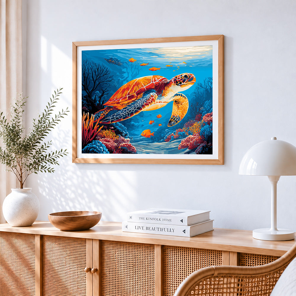 Majestic sea turtle in the deep blue ocean cross stitch artwork displayed on wall as home decor